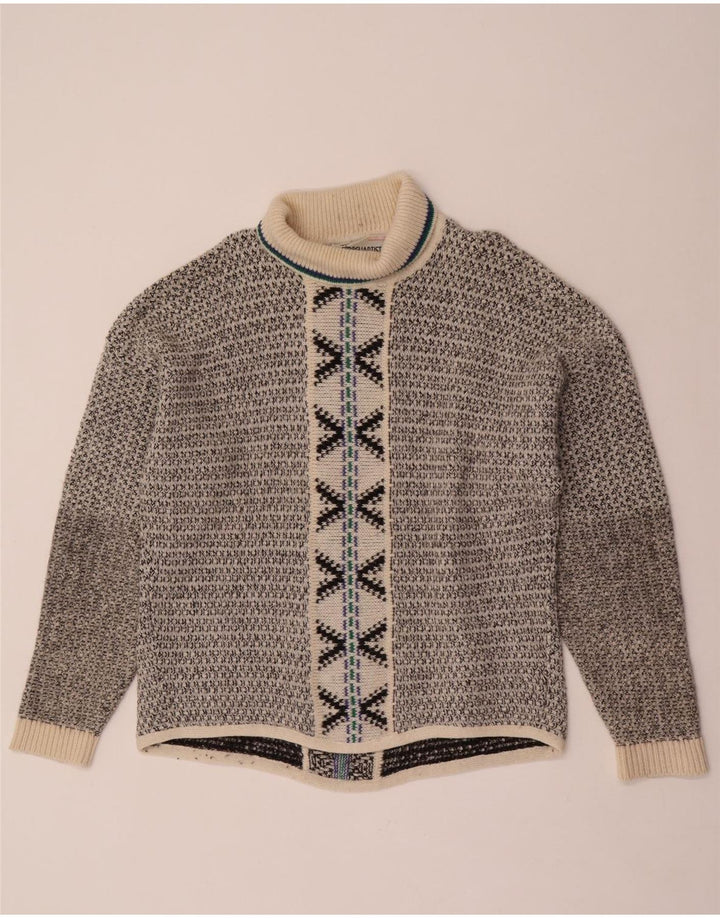 Vintage męski sweter z wywijanym dekoltem, duży szary, geometryczny wełniany