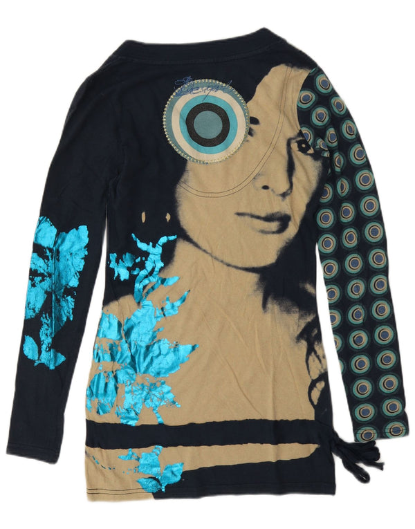 Desigual damski top graficzny z długim rękawem, UK 6 XS, granatowy, geometryczny, bawełniany