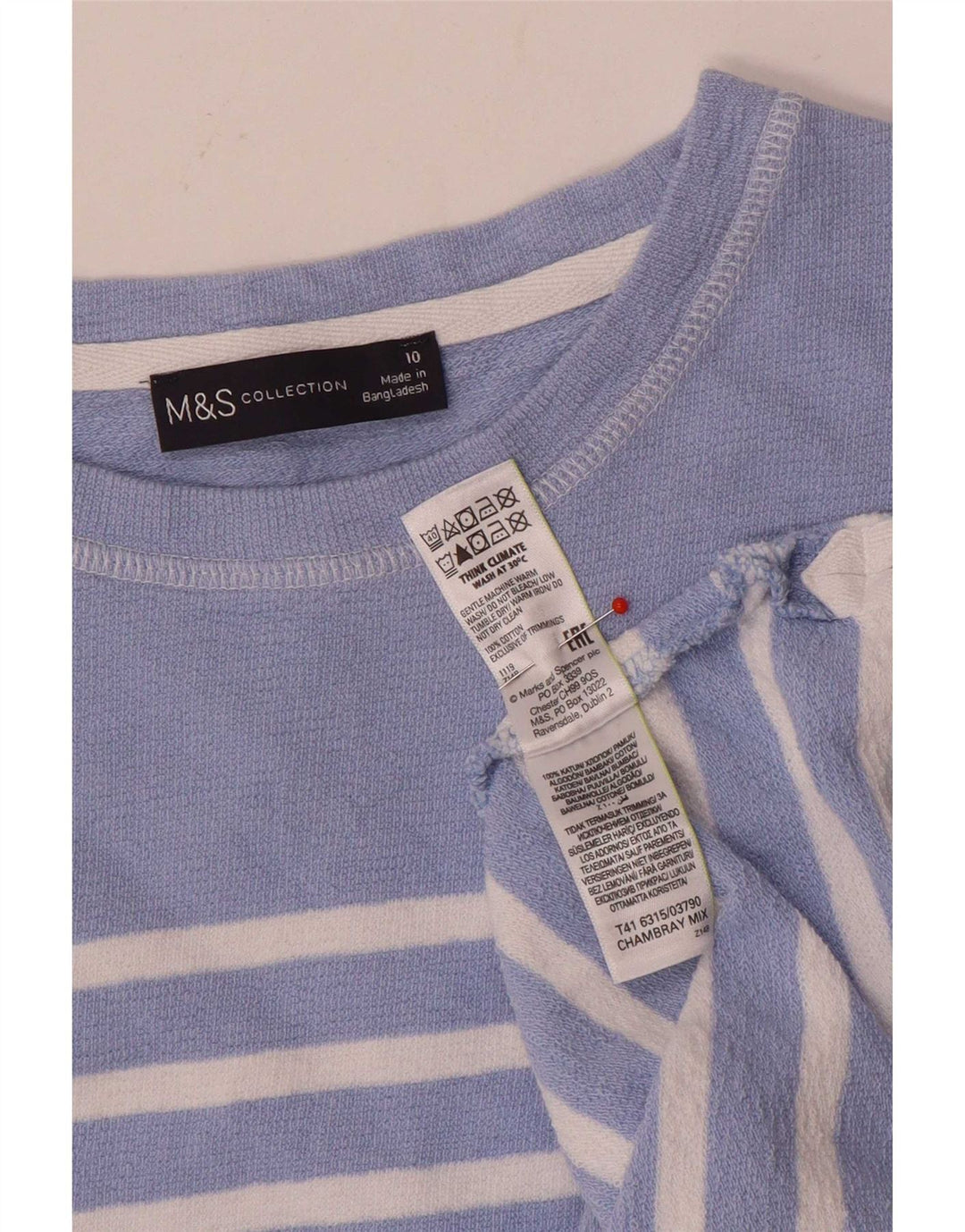 Marks & Spencer Damski top z długim rękawem, UK 10, mały, niebieski, bawełniany w paski