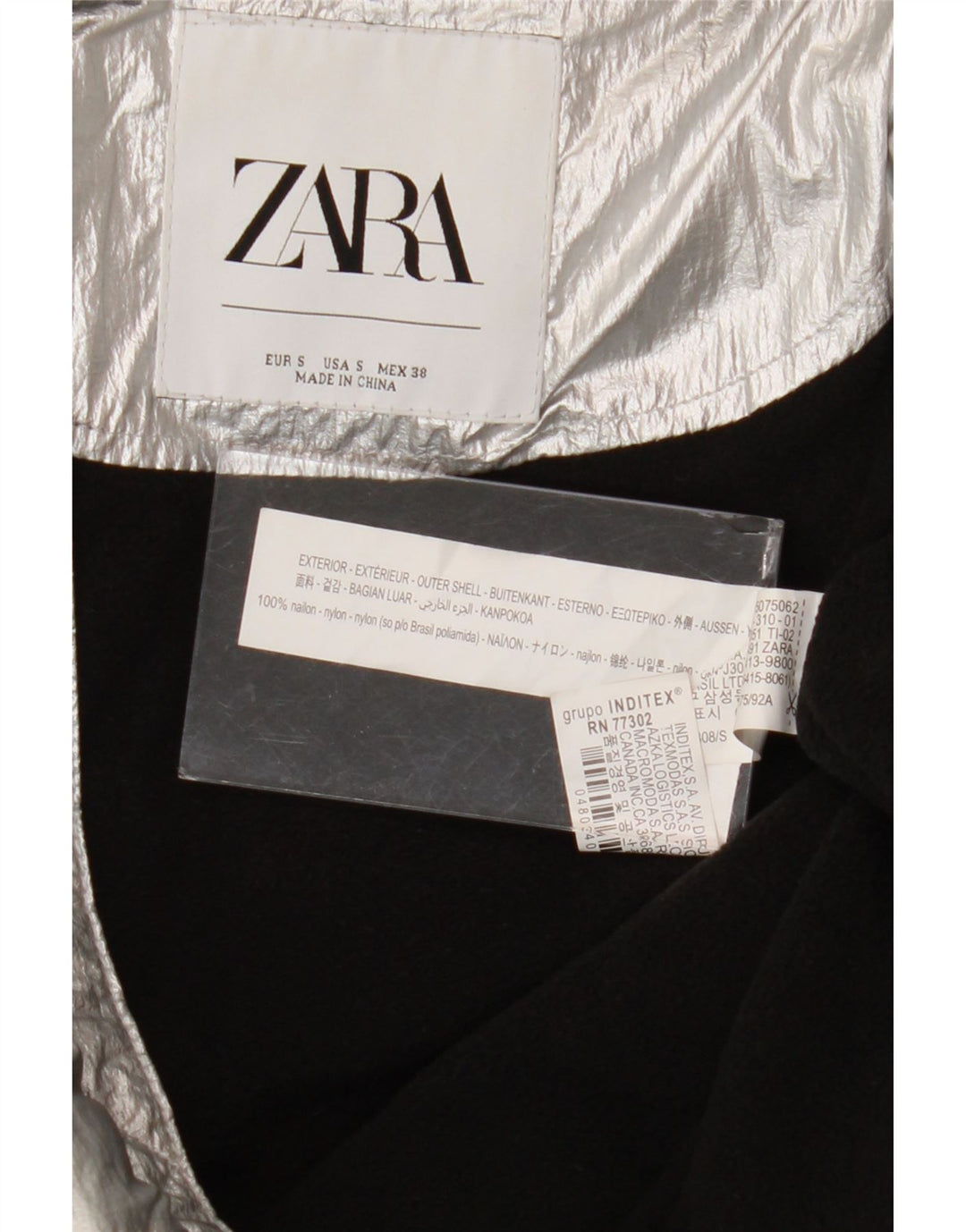Damska, oversize'owa, wyściełana kurtka z kapturem i grafiką Zara, EU 38, mała, srebrna, nylonowa