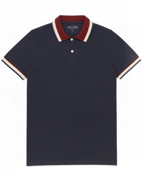 Męska koszulka polo Jack & Jones, średnia, granatowa, bawełniana w bloki kolorów