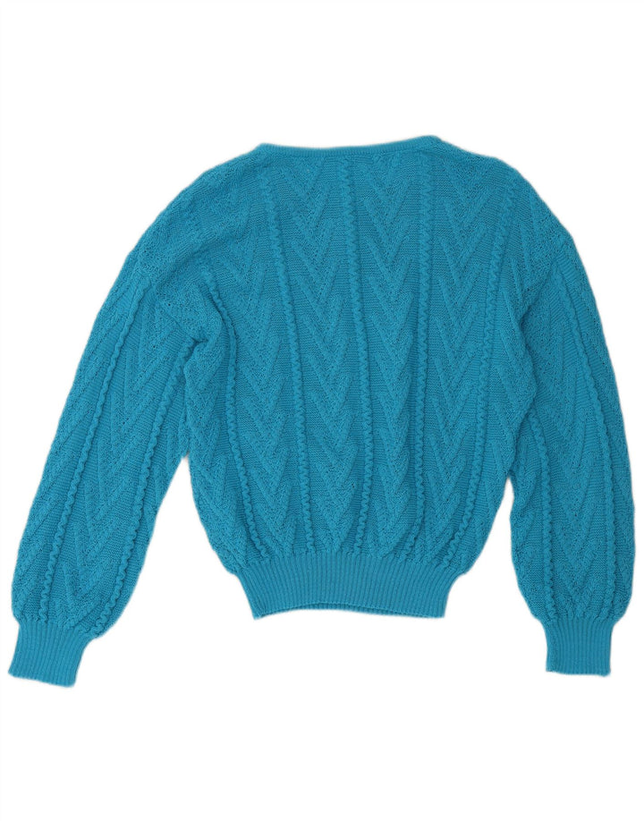 Sweter damski w stylu vintage z okrągłym dekoltem UK 12, średni niebieski