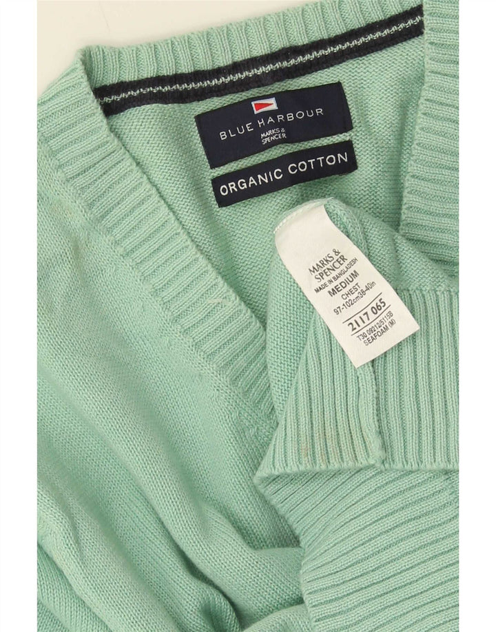 Marks & Spencer Męski sweter w kolorze niebieskim z dekoltem w kształcie litery V, średnio zielony, bawełniany