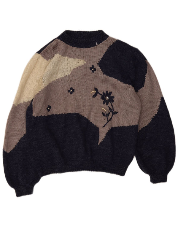 Sweter damski w stylu vintage z okrągłym dekoltem UK 16, duży granatowy, blok kolorów