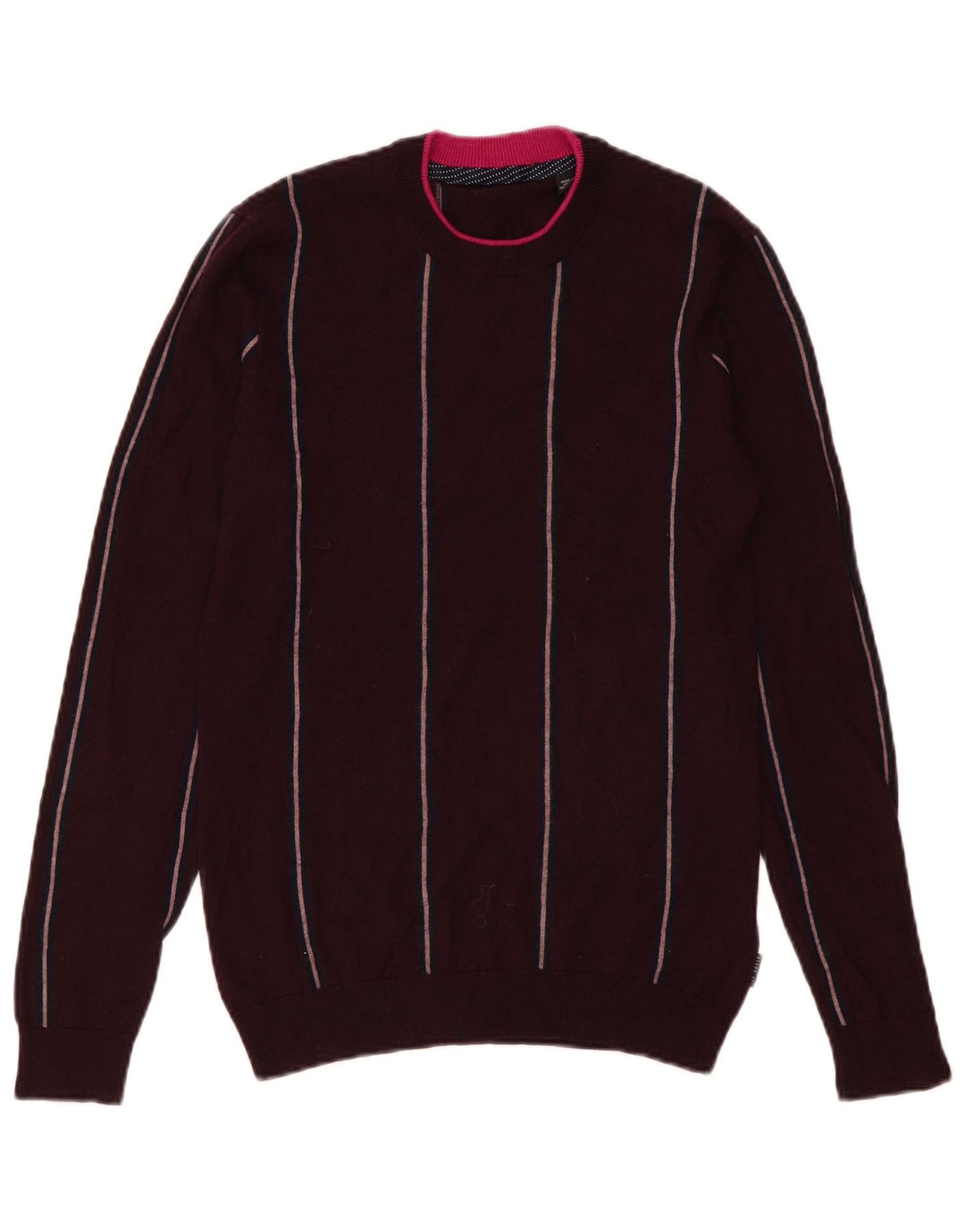 Ted Baker Męski sweter z okrągłym dekoltem, mały, bordowy, wełniany w paski