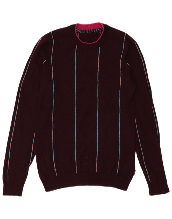 Ted Baker Męski sweter z okrągłym dekoltem, mały, bordowy, wełniany w paski