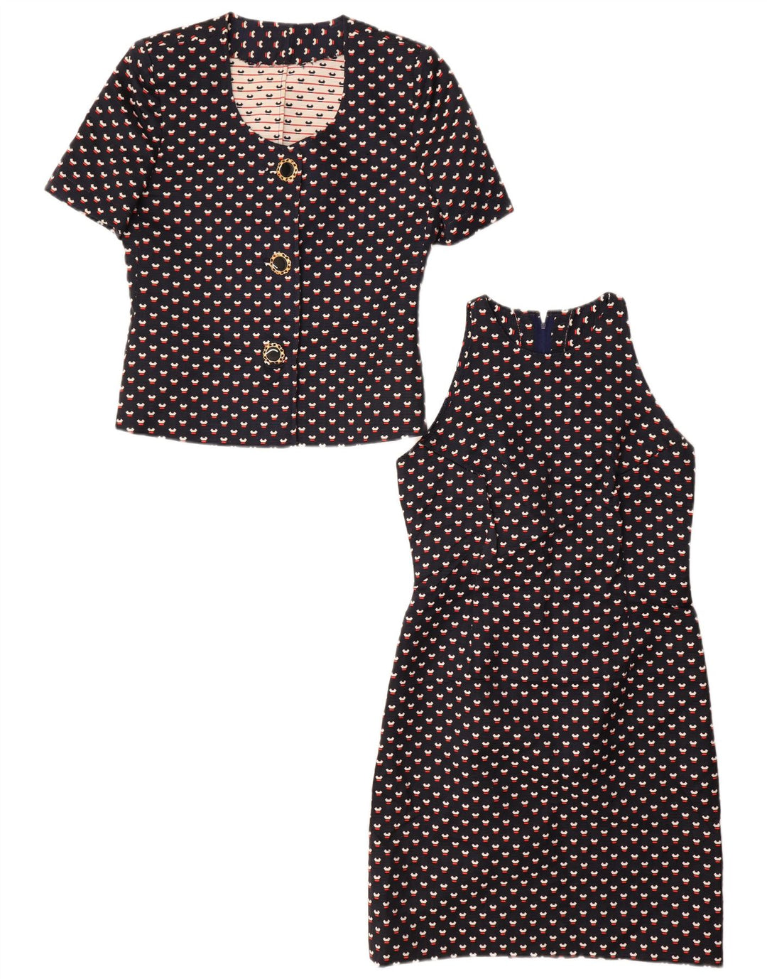 VINTAGE damski zestaw zapinany na 3 guziki i 2 części, UK 12, średni granatowy w cętki