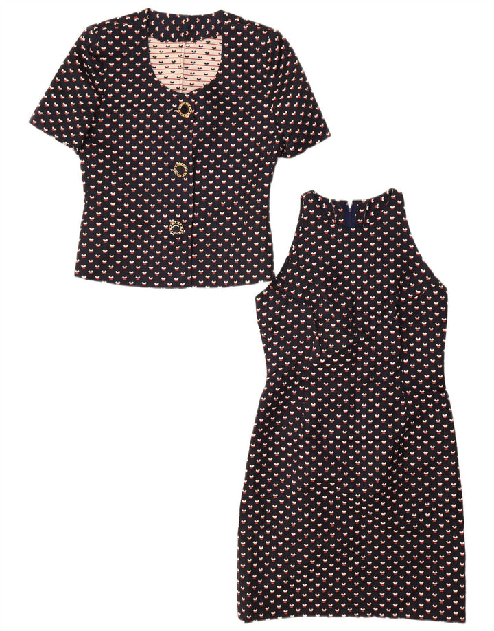 VINTAGE damski zestaw zapinany na 3 guziki i 2 części, UK 12, średni granatowy w cętki