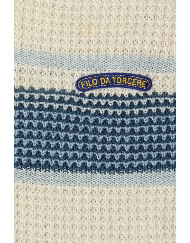 Męski sweter w stylu vintage z dekoltem w szpic, duży, biały, z blokami kolorów