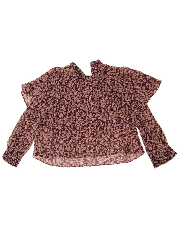 Zara Womens Oversized Crop Long Sleeve Blouse Top UK 6 XS Burgundy Floral