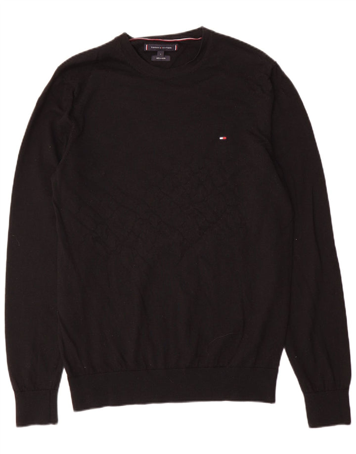 Męski sweter z okrągłym dekoltem Tommy Hilfiger, duży, czarny, wełniany