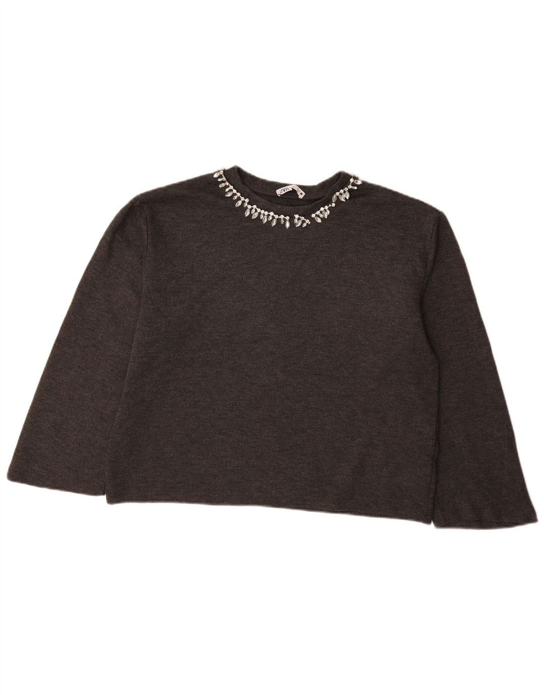 Damski sweter ZARA Crop 3/4 z dekoltem w łódkę UK 14 Średni szary
