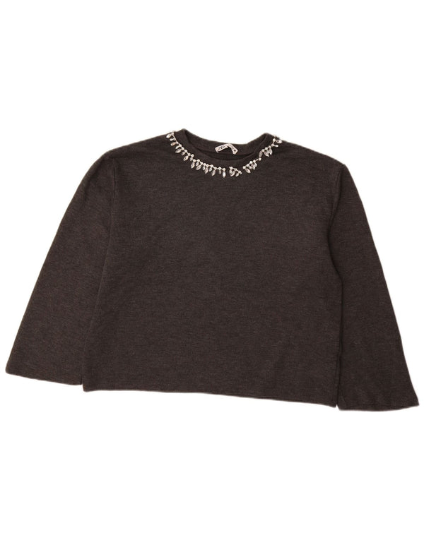 Damski sweter ZARA Crop 3/4 z dekoltem w łódkę UK 14 Średni szary