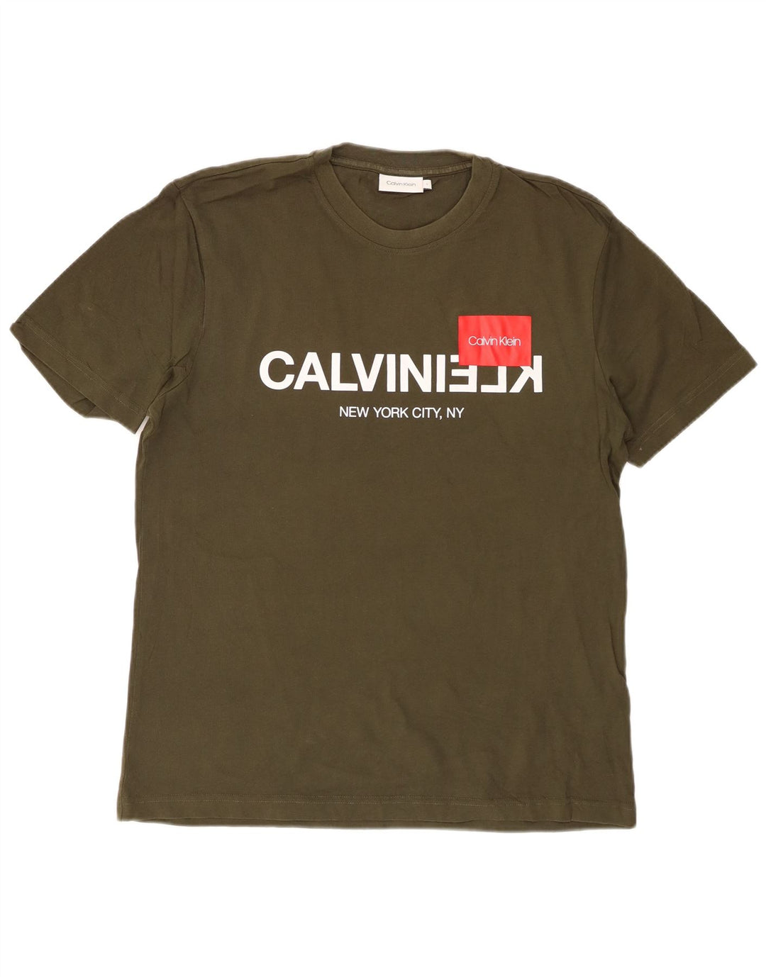 CALVIN KLEIN Męski T-shirt z grafiką, duży, bawełniany khaki
