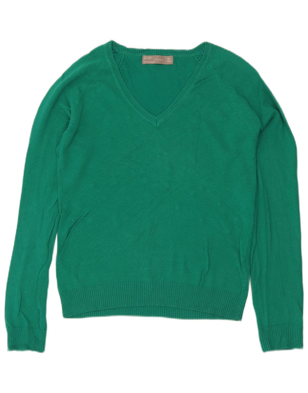Sweter damski Zara z dekoltem w kształcie litery V, UK 14, duży, zielony, bawełniany