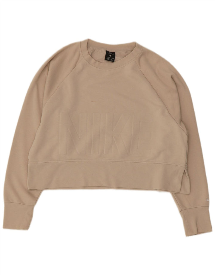 NIKE Womens Crop Oversized Graphic Sweatshirt Jumper UIK 10 Small Beige
