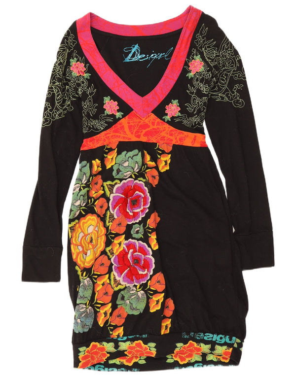 Desigual damska graficzna sukienka płaszczowa z długim rękawem UK 12, średnia czarna w kwiaty