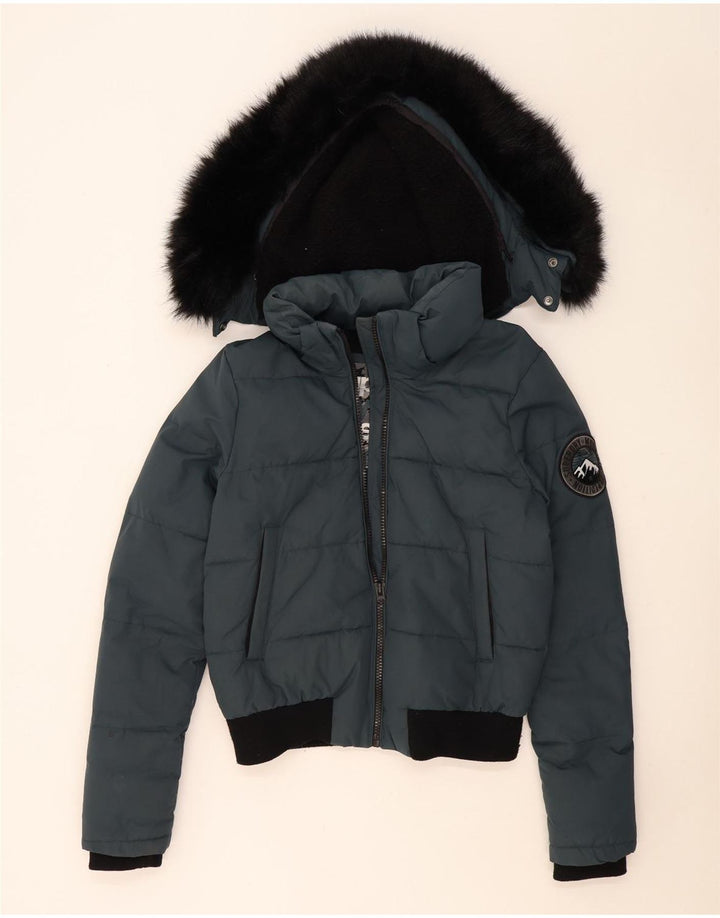 Damska wyściełana kurtka bomber z kapturem i kapturem Superdry UK 14, średni niebieski, blok kolorów