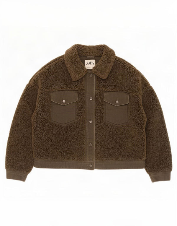 Damska kurtka Zara Crop Sherpa UK 14, duża, khaki, poliester