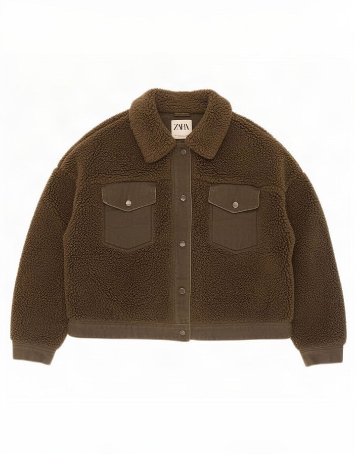 Damska kurtka Zara Crop Sherpa UK 14, duża, khaki, poliester