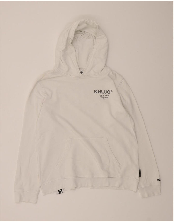 KHUJO Mens Graphic Hoodie Jumper Medium White Cotton Vintage KHUJO and Second-Hand KHUJO from Messina Hembry 