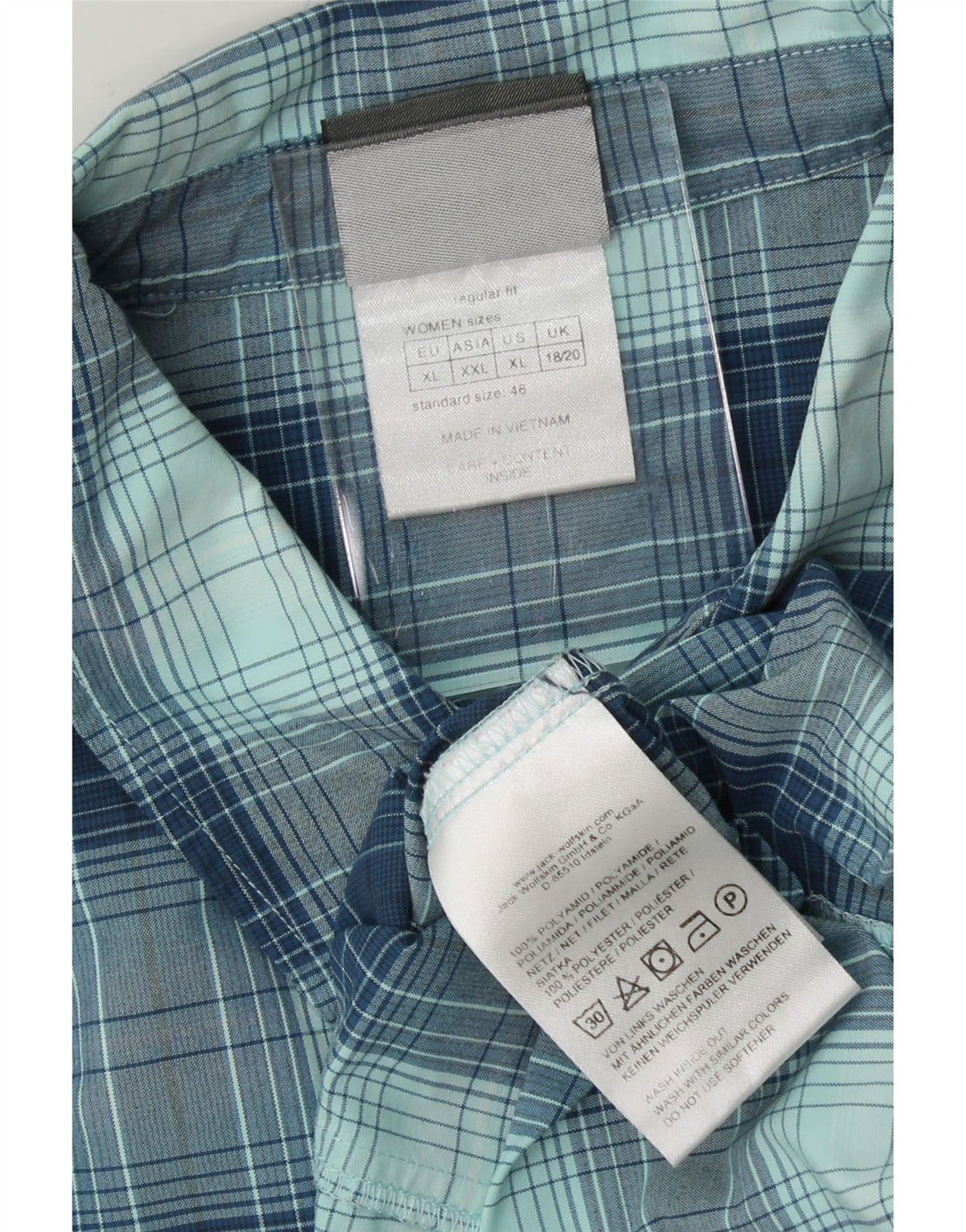 JACK WOLFSKIN Womens Shirt UK 18/20 2XL Blue Check Polyamide Vintage Jack Wolfskin and Second-Hand Jack Wolfskin from Messina Hembry 
