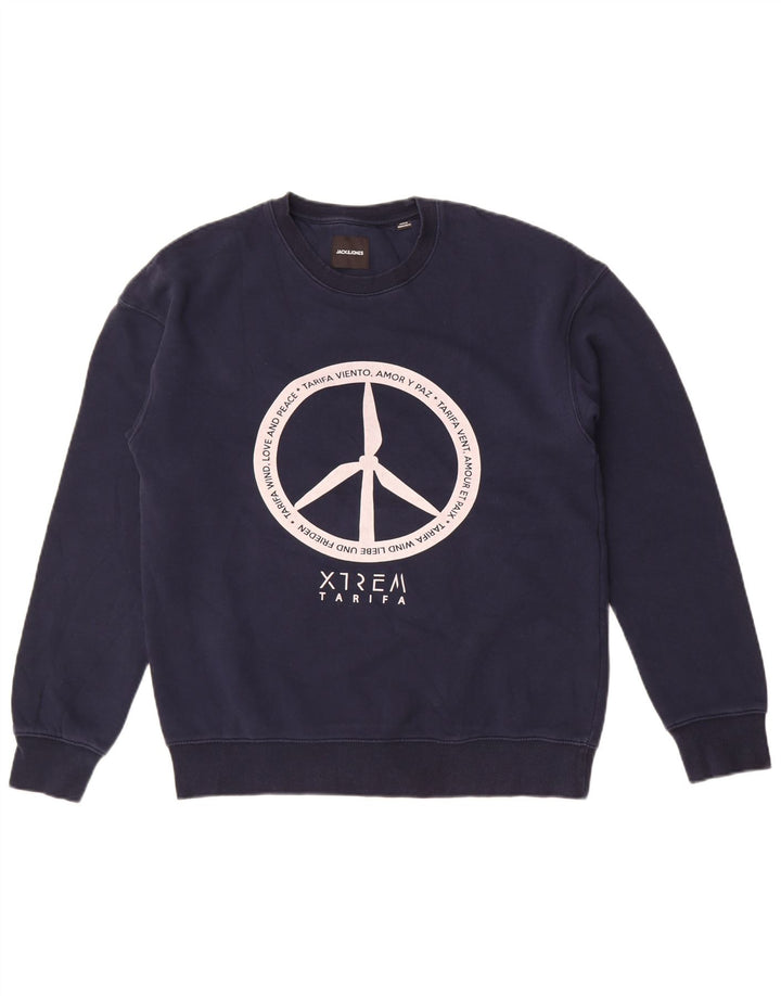 Męski sweter z grafiką Jack & Jones, średni granatowy, bawełniany