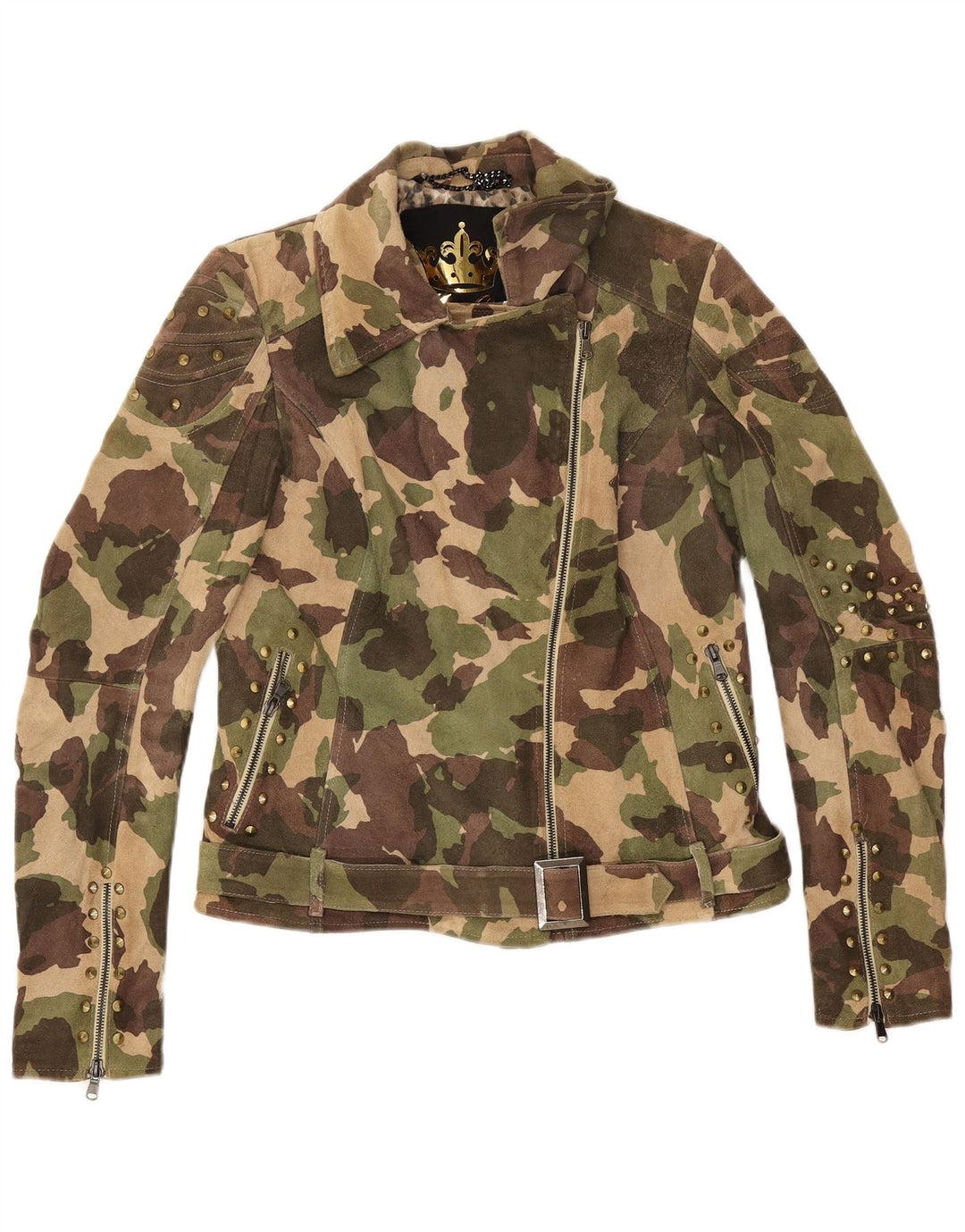 Vintage damska zamszowa kurtka motocyklowa UK 16, duża, zielona skóra w kamuflażu