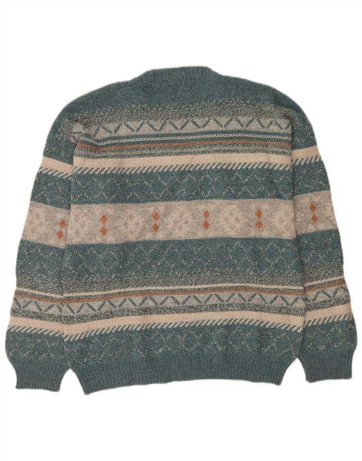 Męski sweter w stylu vintage z dekoltem w szpic, duży, niebieski, wełna Fair Isle