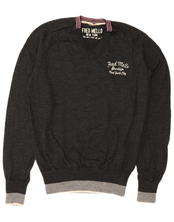 Damski sweter Fred Mello z graficznym dekoltem w kształcie litery V, UK 10, mały szary