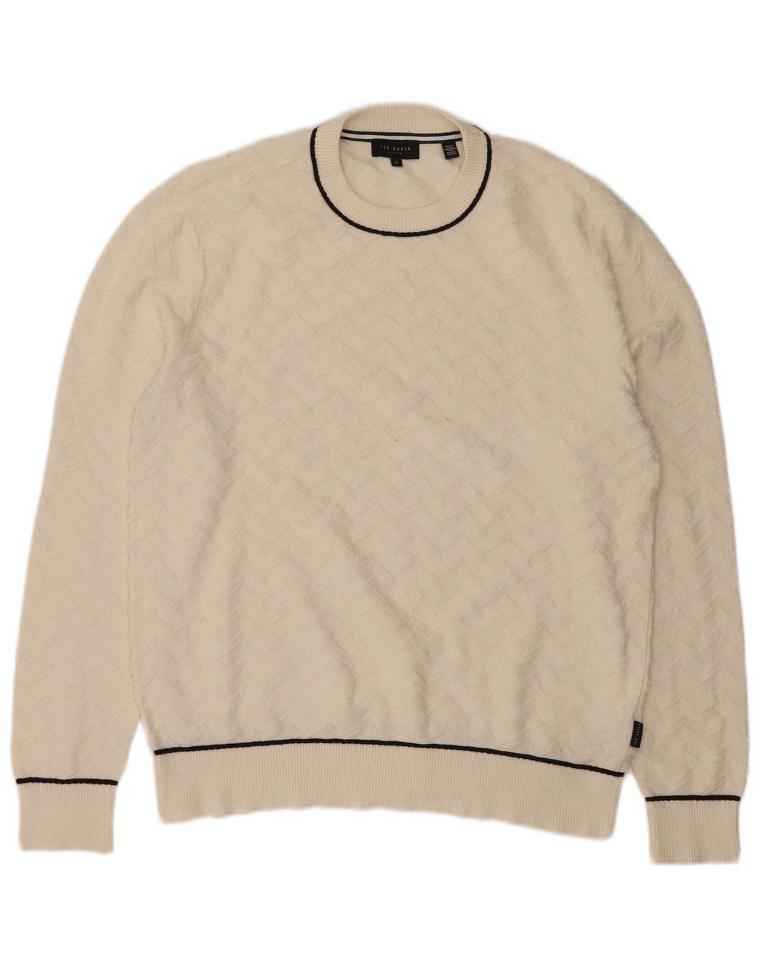 TED BAKER Mens Crew Neck Jumper Sweater Size 3 Medium Off White Chevron