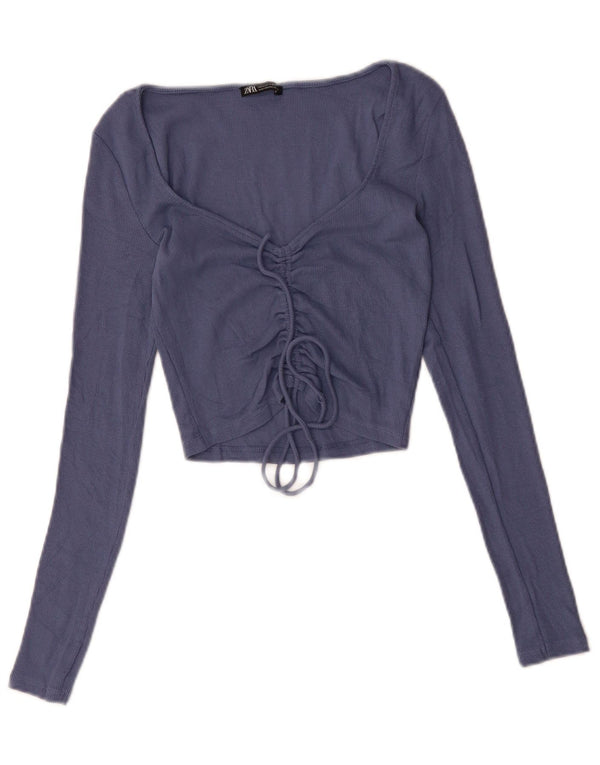 Damski krótki top ZARA z długim rękawem, UK 12, średni niebieski, bawełniany