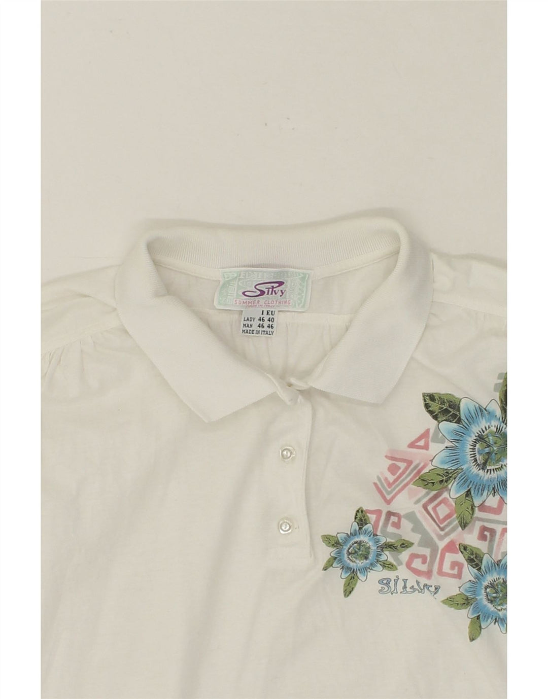 SILVY Womens Polo Shirt IT 46 Large White Floral Cotton Vintage Silvy and Second-Hand Silvy from Messina Hembry 