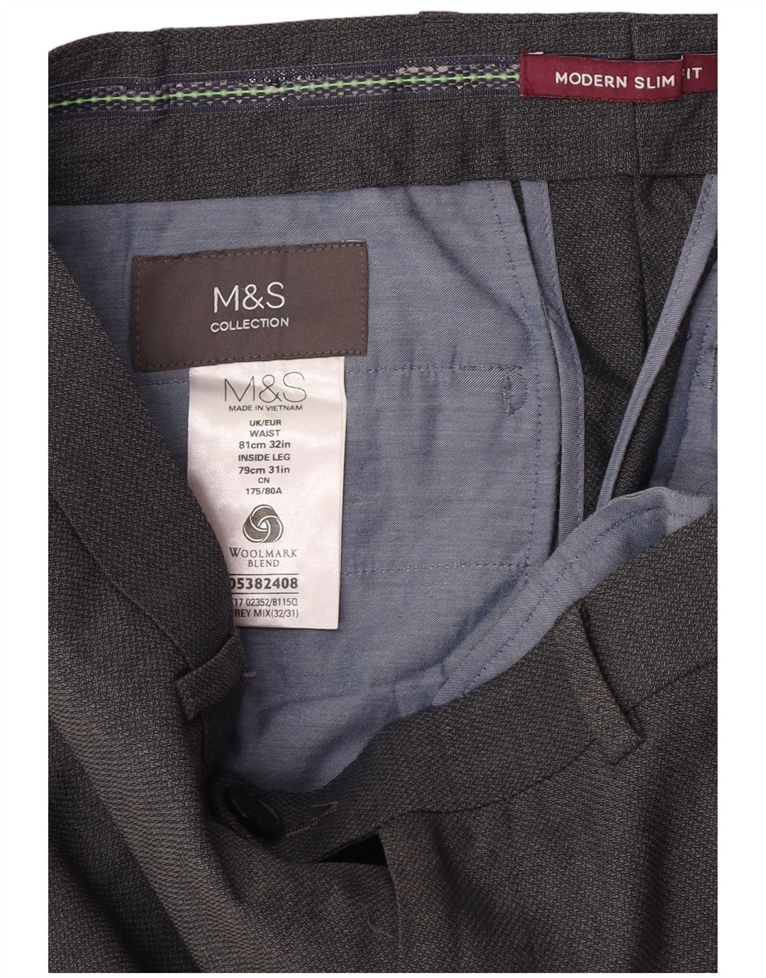 Marks & Spencer Męskie nowoczesne spodnie garniturowe slim fit W32 L31 Szara wełna