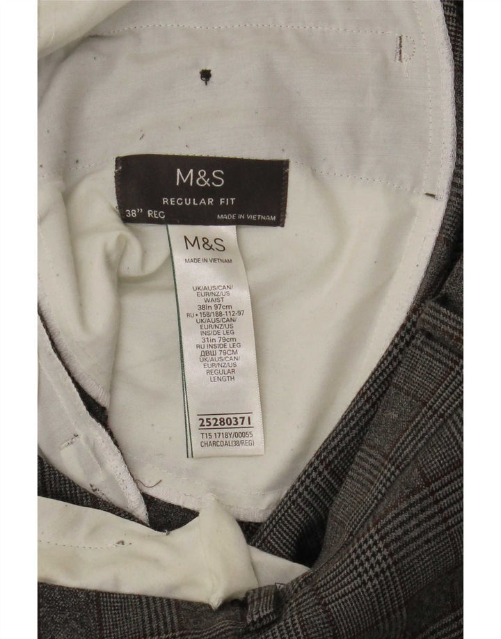 Męskie spodnie garniturowe Marks & Spencer o regularnym kroju W38 L31, szary poliester w kratę