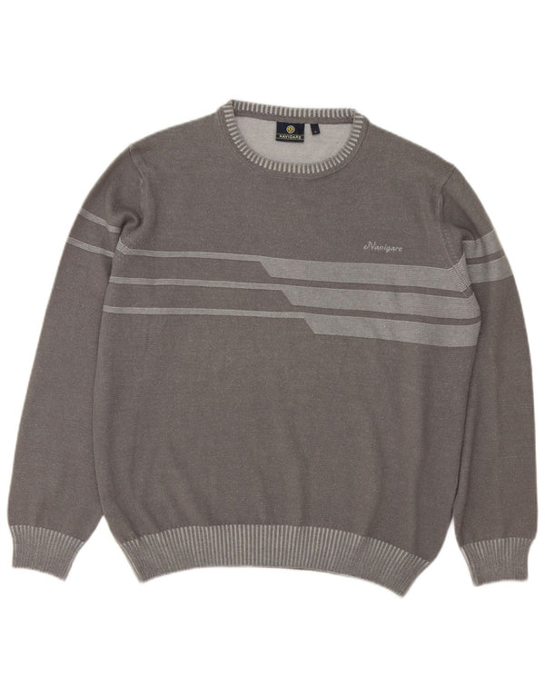 Navigare Mens Crew Neck Jumper Sweater Large Grey Striped Cotton