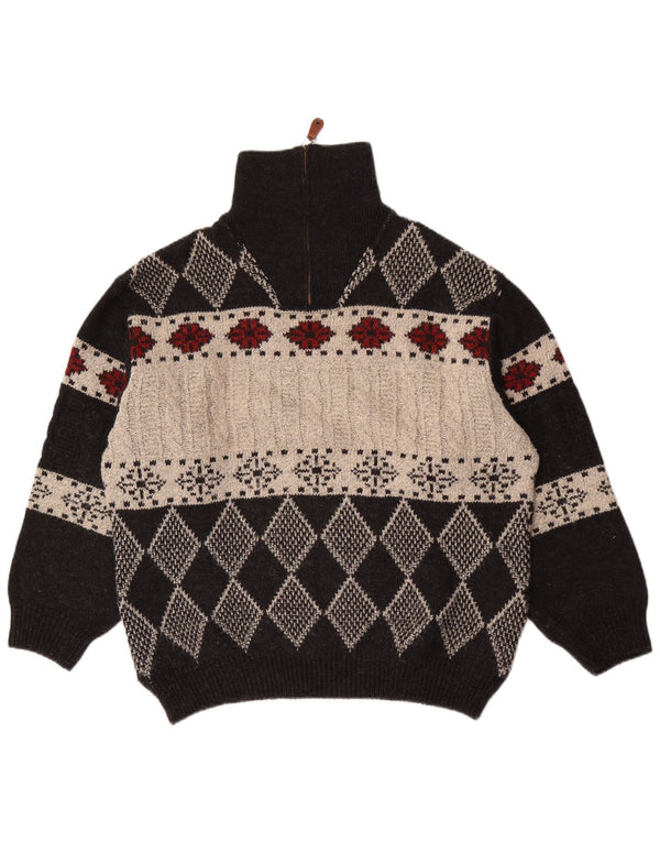 Vintage męski sweter z zamkiem błyskawicznym IT 48 średni czarny Argyle/Diament