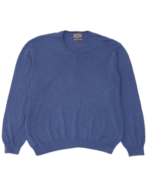 Marks & Spencer Męski sweter z dekoltem w kształcie litery V, 3XL, niebieski, bawełniany
