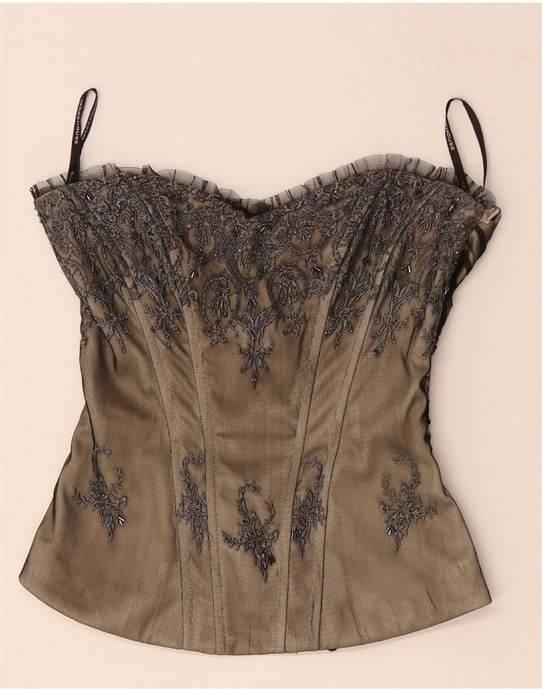 WAREHOUSE Damski gorset z odkrytymi ramionami, UK 8, mały, beżowy, kwiatowy poliester