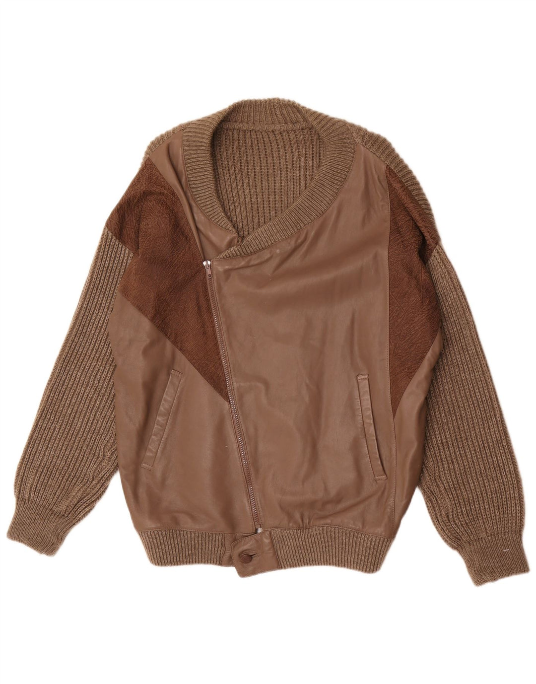 Vintage męski skórzany sweter kardigan, duża brązowa wełna