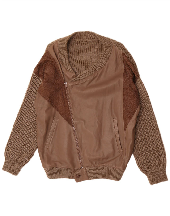 Vintage męski skórzany sweter kardigan, duża brązowa wełna