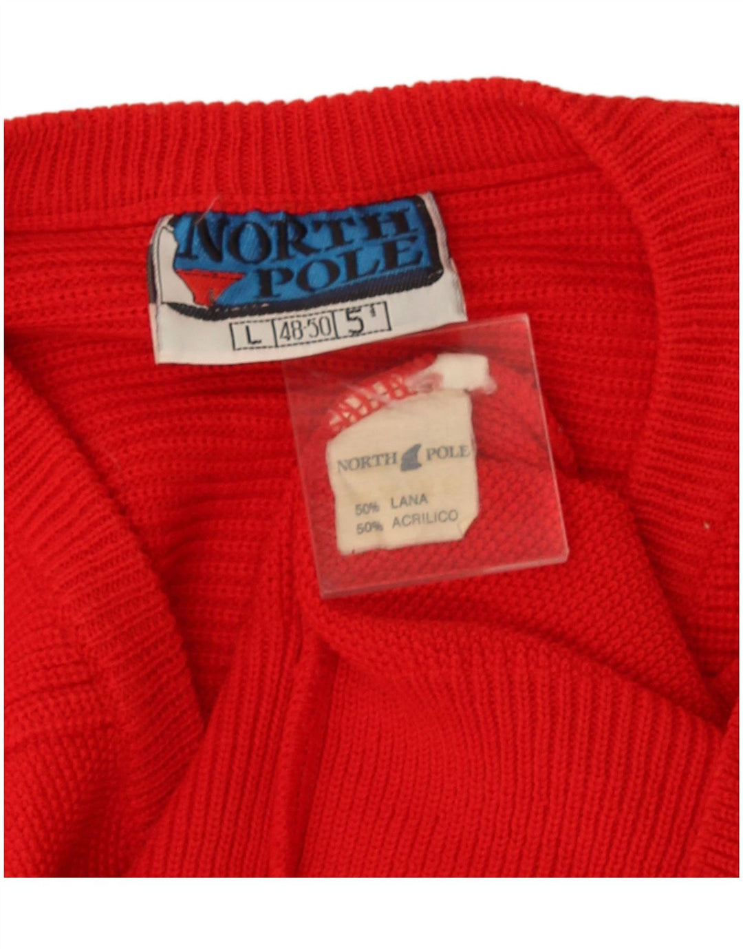 Męski sweter z dekoltem w serek North Pole, duży, czerwony, wełniany