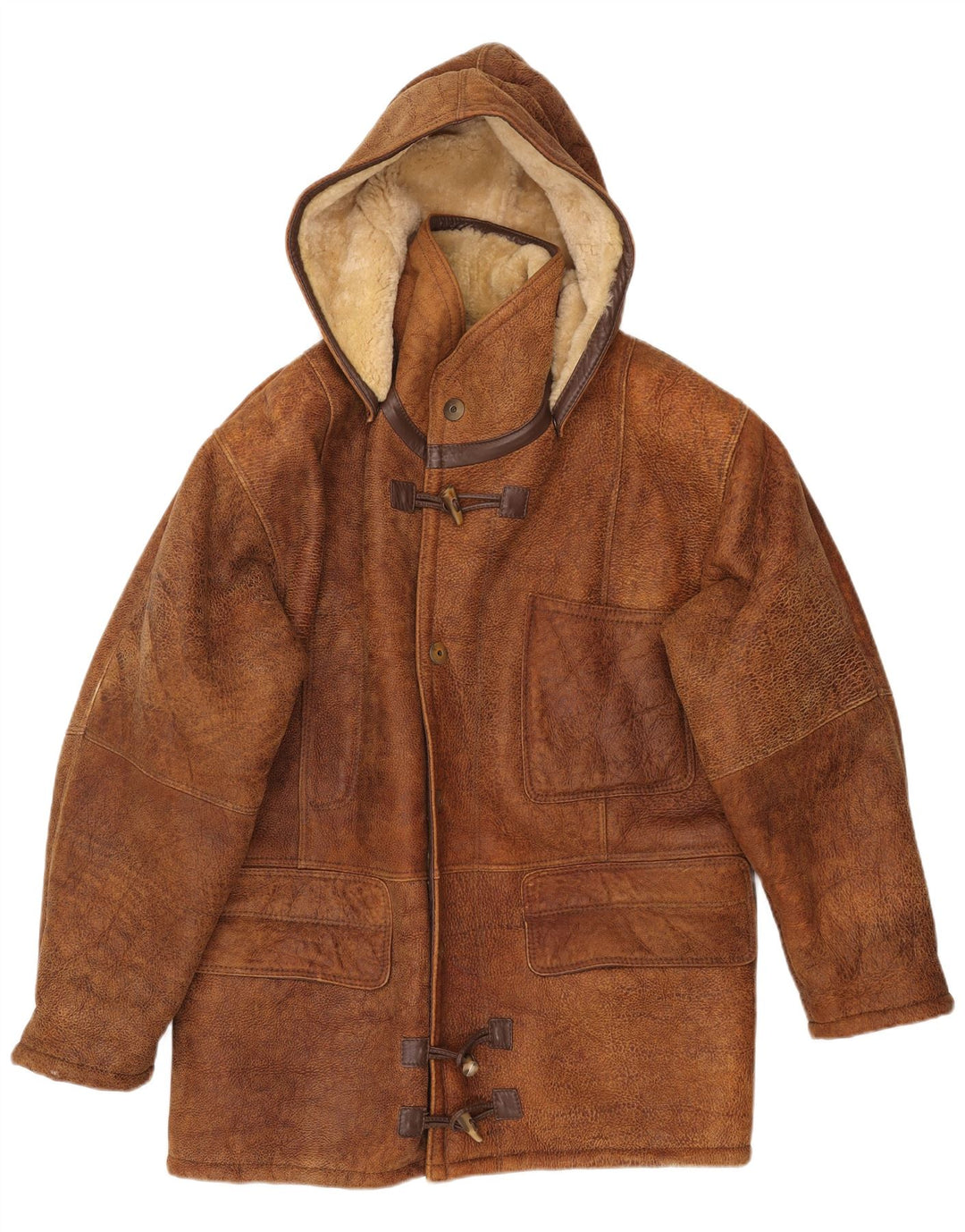 Męska kurtka shearling z kapturem VINTAGE IT 50, duża, brązowa