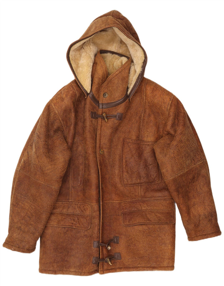 Męska kurtka shearling z kapturem VINTAGE IT 50, duża, brązowa