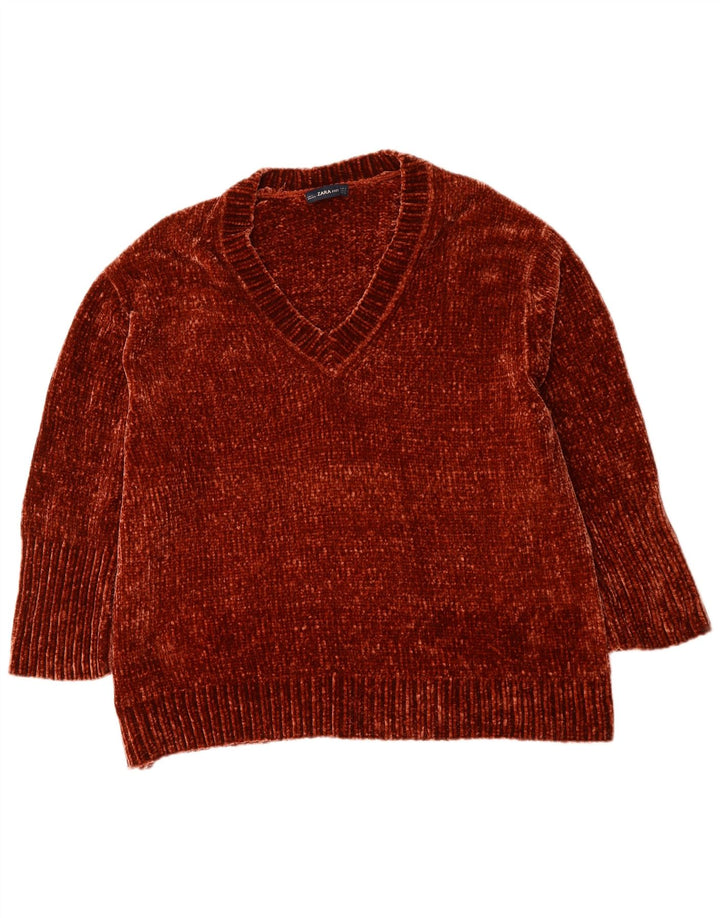 Damski sweter oversize z dekoltem w kształcie litery V Zara UK 10, mały, brązowy poliester