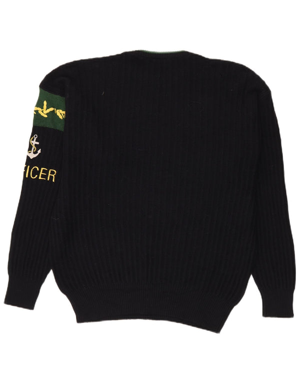 Męski sweter z okrągłym dekoltem w stylu vintage, XL, granatowy, wełniany