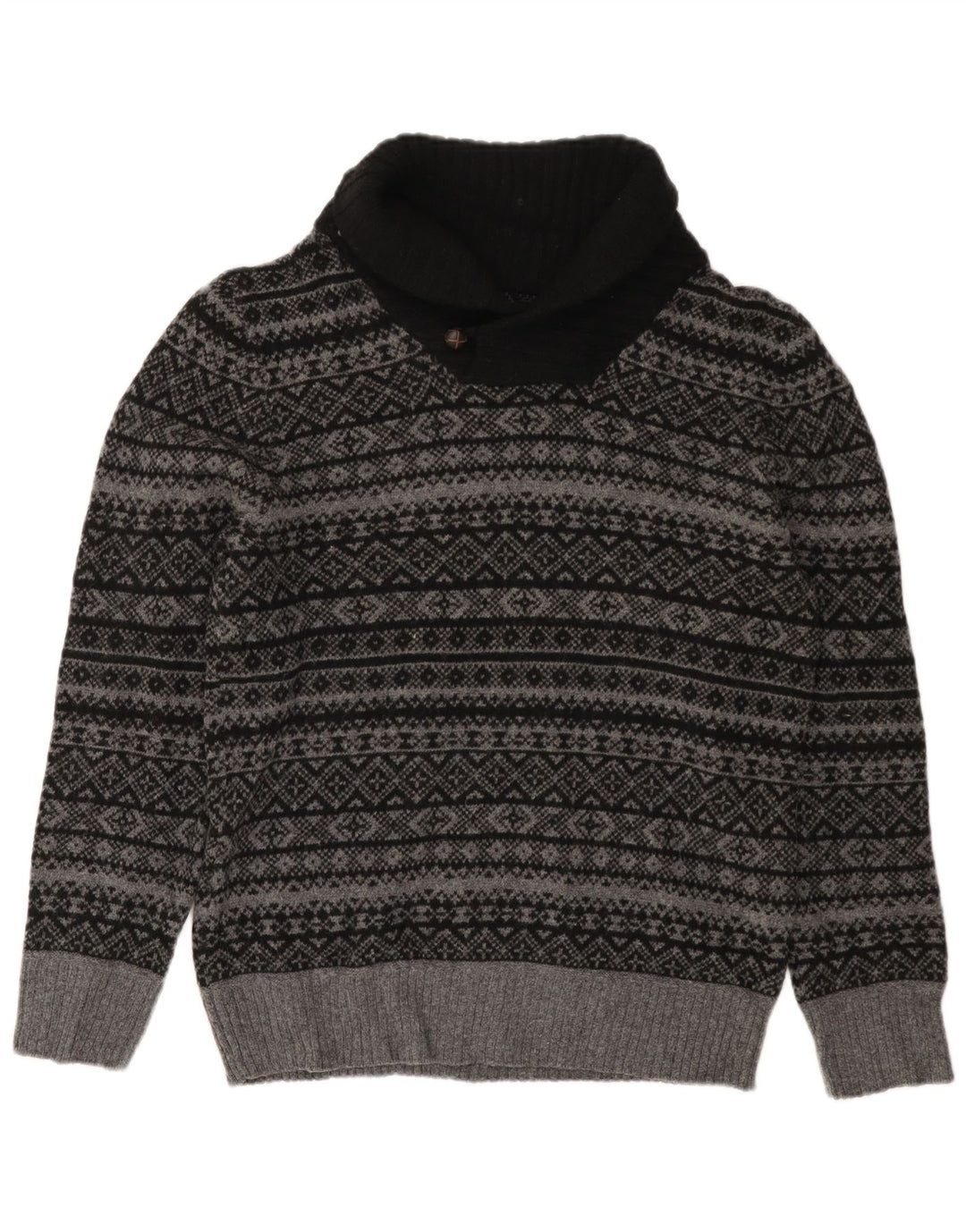 EDDIE BAUER Męski sweter z szalowym dekoltem, mały, szary, z wełny Fair Isle