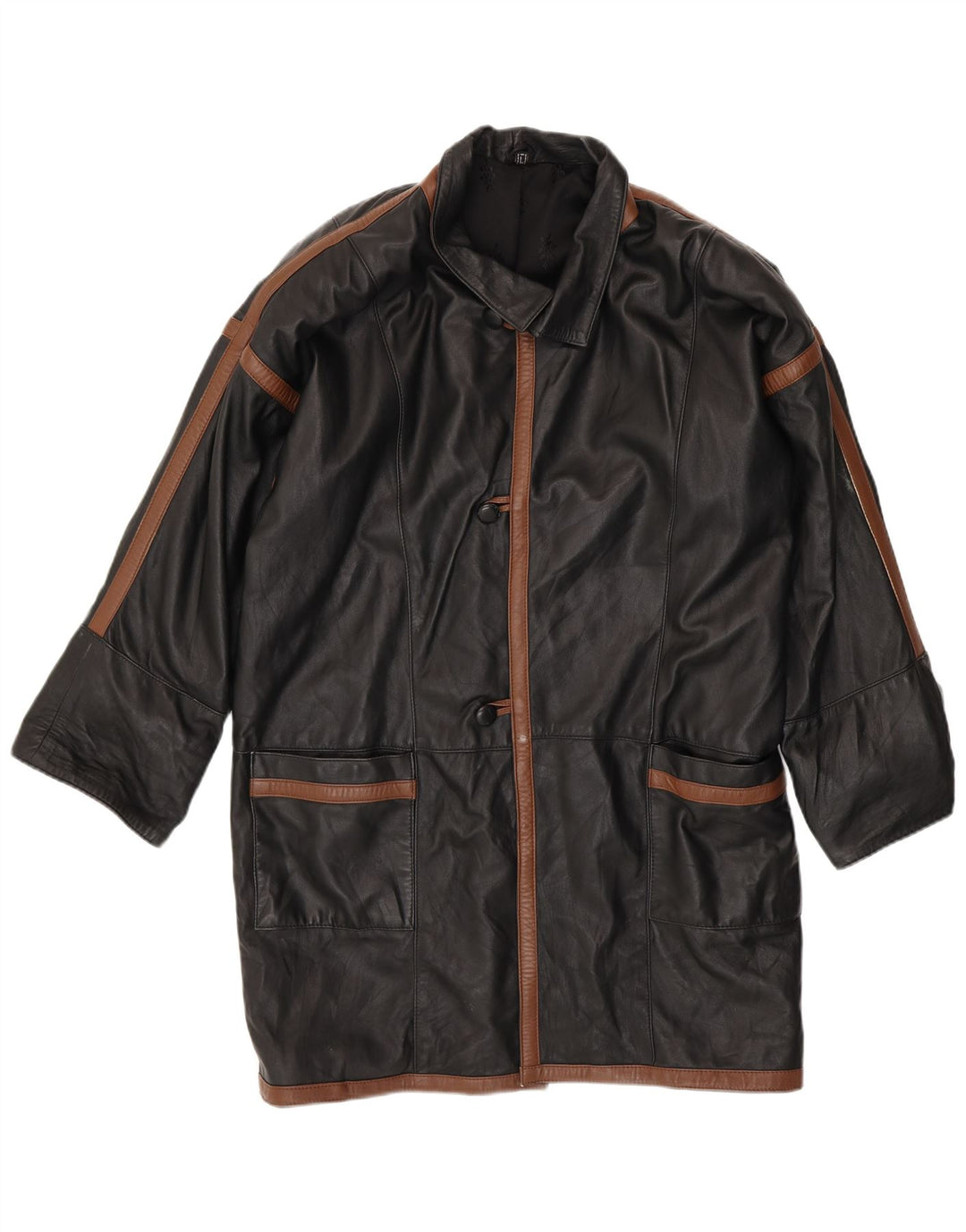 Męski płaszcz skórzany VINTAGE UK 40, duży czarny blok kolorów