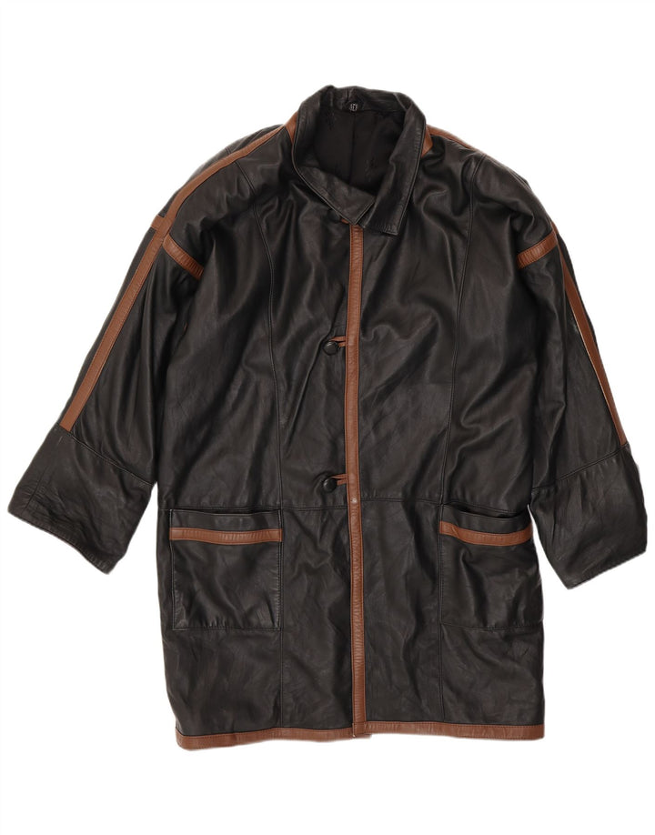 Męski płaszcz skórzany VINTAGE UK 40, duży czarny blok kolorów