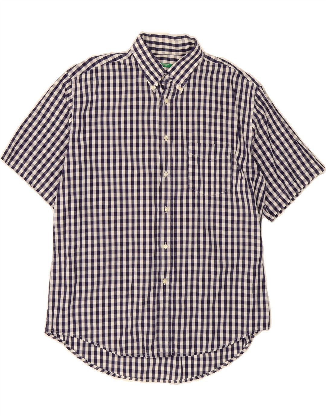 BENETTON Mens Short Sleeve Shirt Large Navy Blue Gingham Vintage Benetton and Second-Hand Benetton from Messina Hembry 